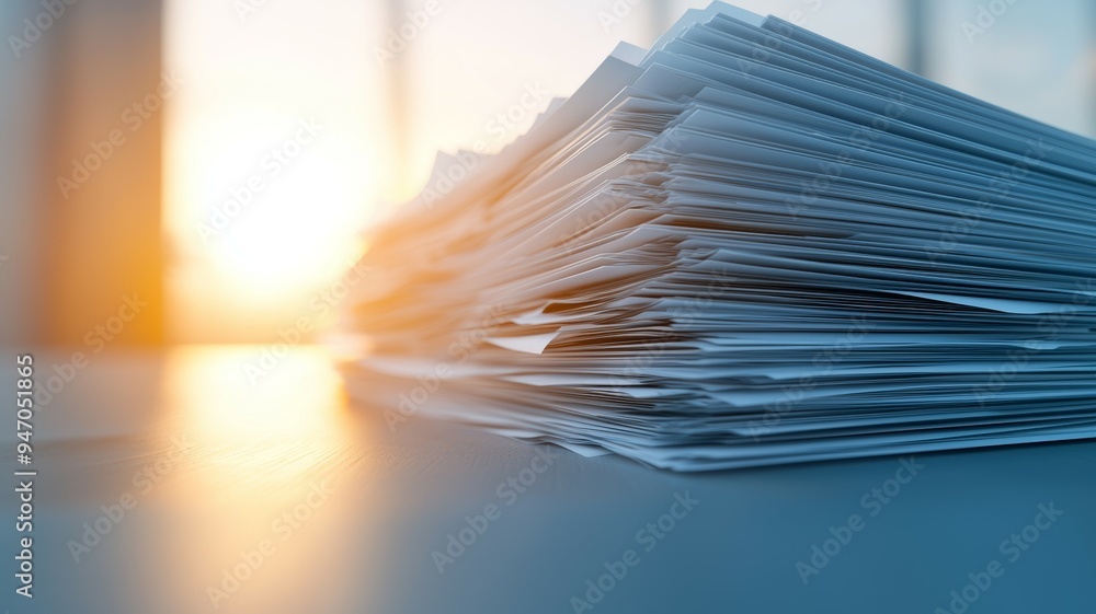 Poster a stack of papers is piled on a table with the sun shining on them
