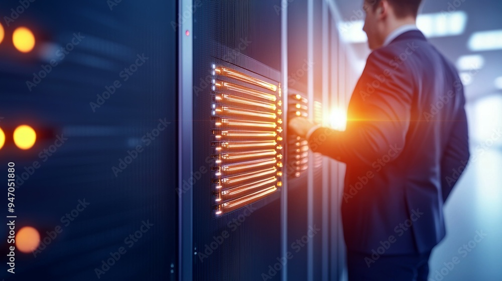 Poster a man in a suit is standing in front of a computer server room