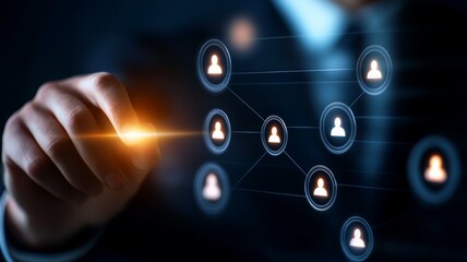 A man is drawing a network of people with a hand