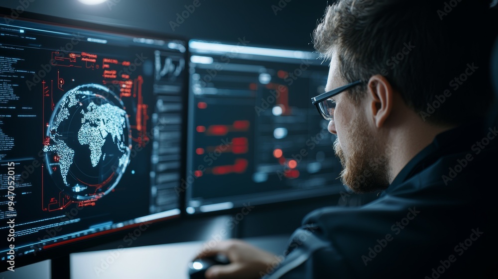 Poster a man is sitting in front of two computer monitors