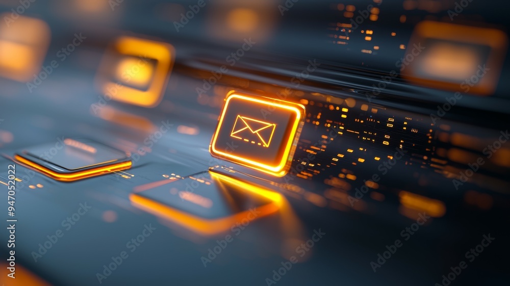 Poster a computer keyboard with a glowing orange envelope icon on it