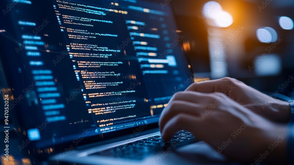 Canvas Prints A person is typing on a laptop computer with a blue screen displaying code