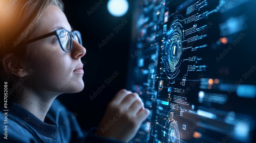 Poster a woman is looking at a computer screen with a lot of numbers and symbols