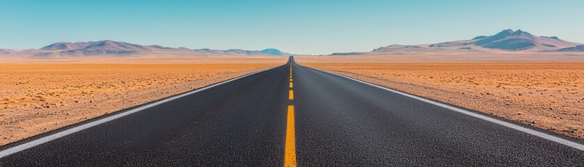 Fototapeta premium A long, empty road stretches through a vast desert landscape under a bright blue sky.