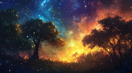 Fototapeta premium Silhouetted Trees Under a Starry Night Sky