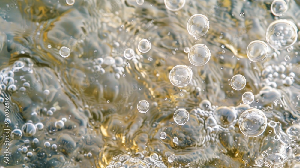 Poster A collection of bubbles floating on the surface of a body of water, suitable for use in illustrations and designs related to calmness, serenity, and relaxation