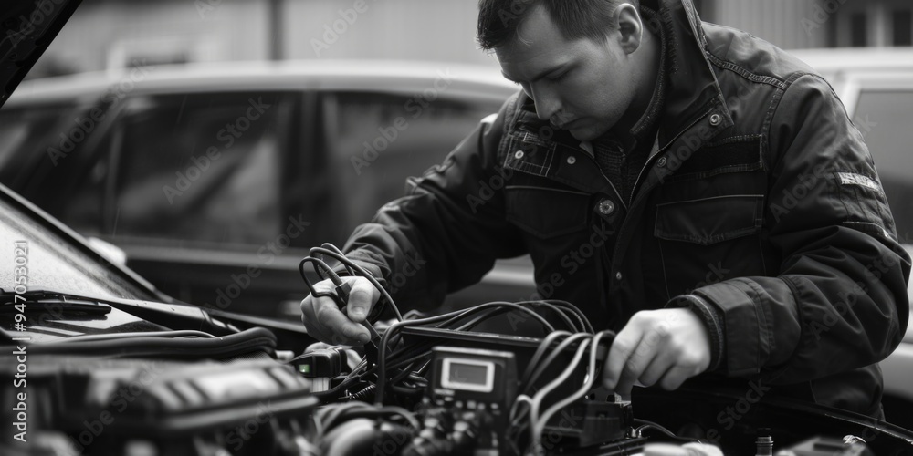 Poster A person tinkers with a vehicle's engine in a mechanical setting