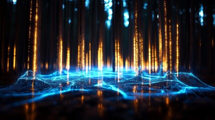A mesmerizing blend of blue and orange light depicting an abstract forest landscape, evoking a sense of mystery and wonder.