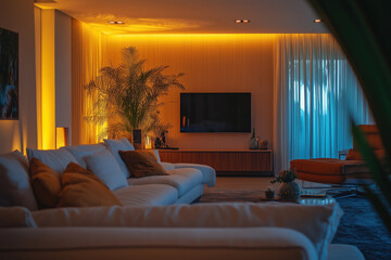 Obraz premium Sala de estar moderna com sofá colorido e iluminação natural, decorada com plantas, quadros e móveis elegantes, capturada por IA generativa. 