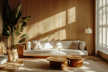Sala de estar moderna com sofá colorido e iluminação natural, decorada com plantas, quadros e móveis elegantes, capturada por IA generativa.
