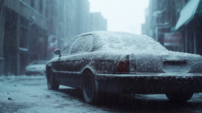 Snow-covered car parked on a deserted urban street during a heavy winter snowfall, creating a serene and quiet atmosphere.