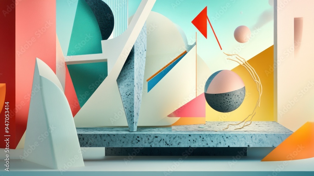 Poster abstract geometric composition with a stone platform and floating objects