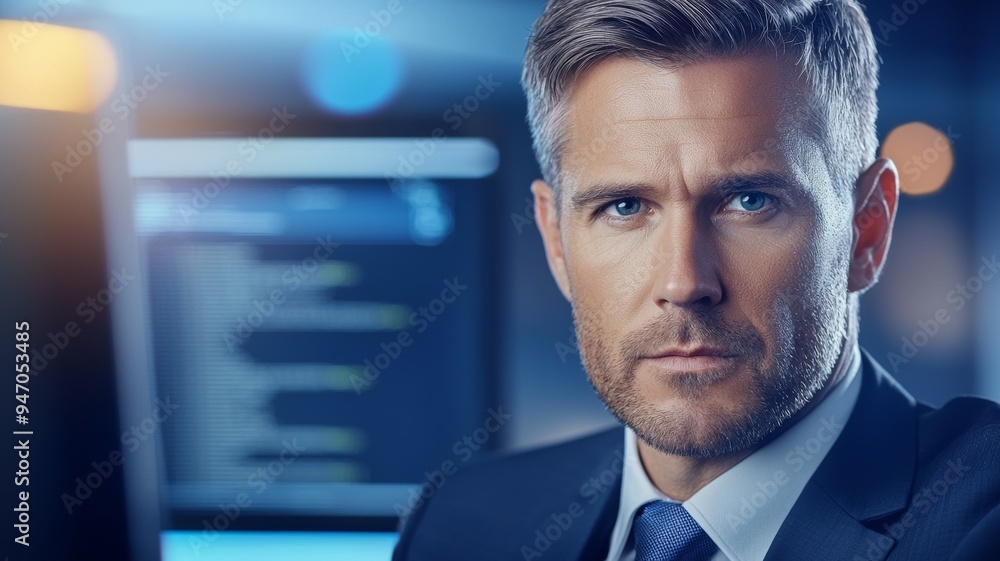 Poster a man in a suit and tie is standing in front of a computer monitor