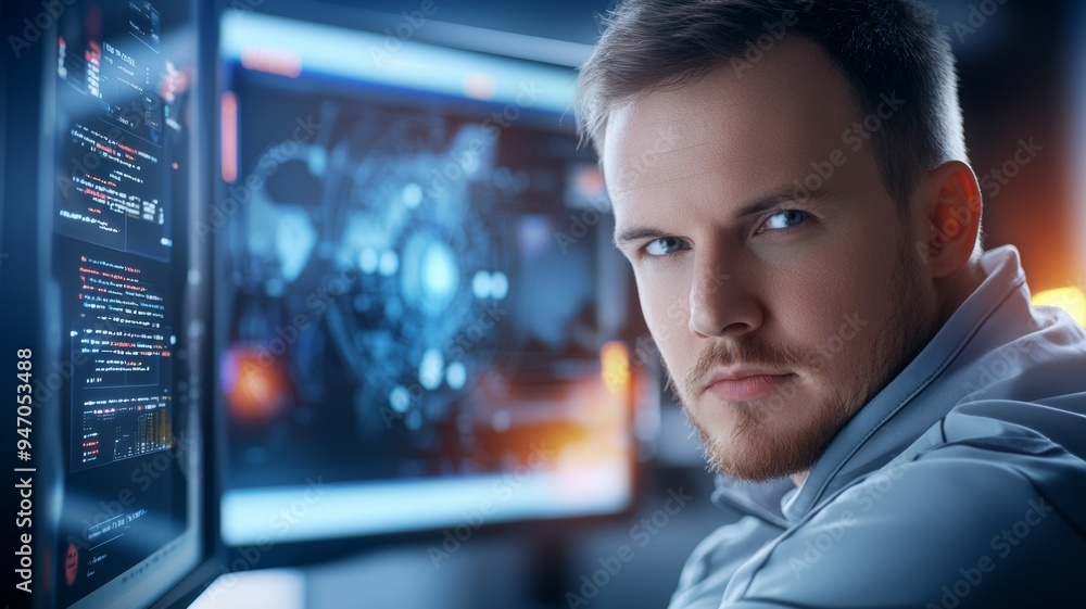 Poster a man with a beard is looking at a computer screen with a blue background