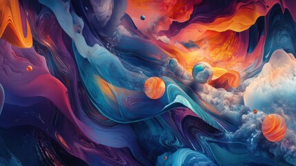 Naklejka premium Abstract Cosmic Landscape with Planets and Swirling Colors