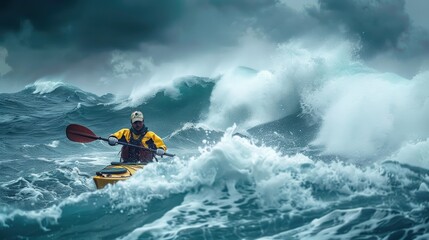 Kayaker paddling through stormy ocean waves