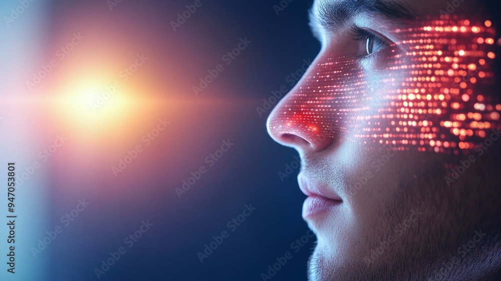 Poster a man's face is projected on a screen with a red glow around it