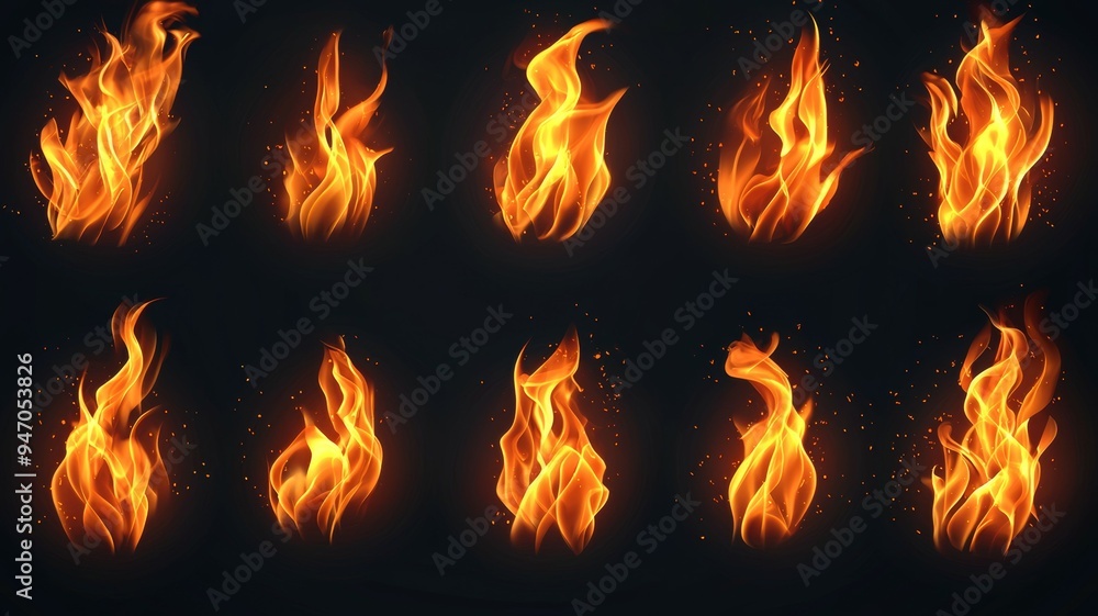 Poster a series of fire-like images with varying shapes and sizes