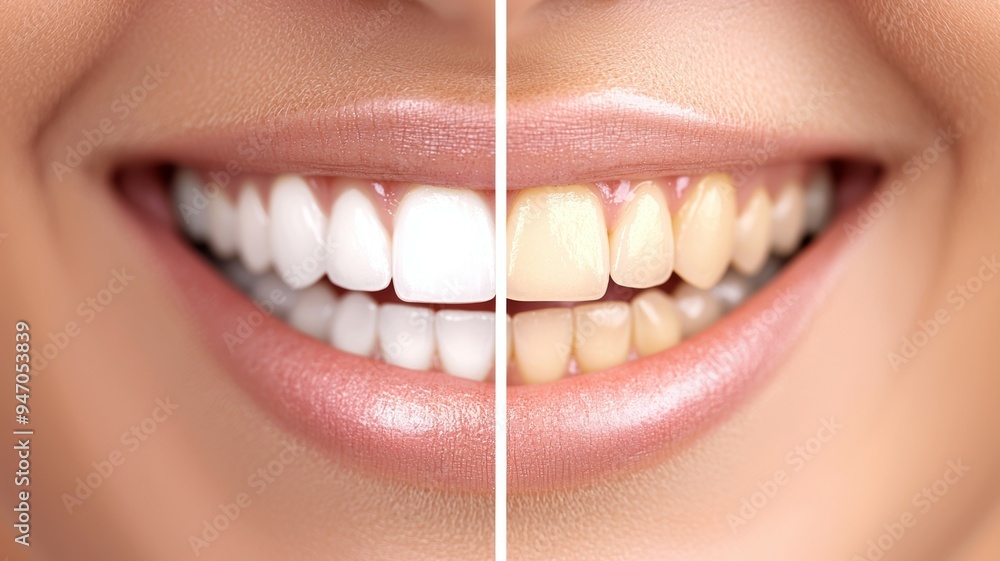 Poster A woman's teeth with one being white and the other being yellow