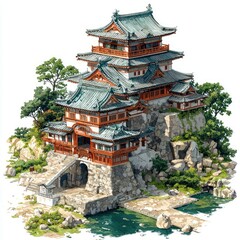 Fototapeta premium Traditional Japanese Castle Built on a Cliffside