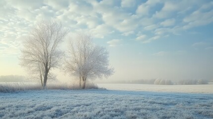 Serene winter landscape with frosty trees and snowy field under a cloudy sky, illustrating the beauty of a peaceful winter morning.