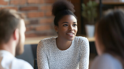 Diverse group of employees in modern office engaged in friendly discussion, symbolizing positive labor relations and teamwork, focusing on facial expressions and body language.