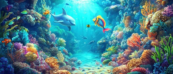 Naklejka premium Vibrant Underwater Scene with Dolphin, Fish, and Coral Reef