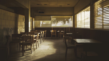 Empty restaurant interior during pandemic closure, chairs stacked on tables, somber atmosphere with soft natural light filtering through windows, symbolizing impact of pandemic on dining industry