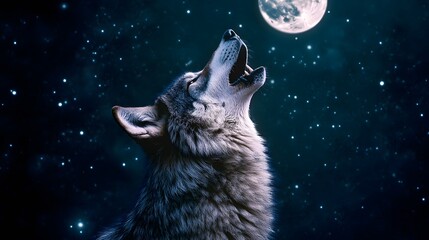 Wolf Howling on a Full Moon Night Starry Sky, Photo Realistic, Wallpaper, Cover and Screen for Smartphone, Cell Phone, PC, Laptop