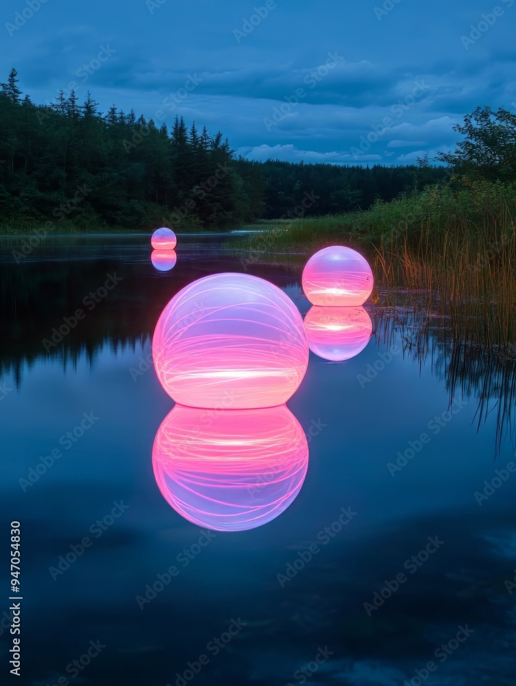 Poster a serene view of glowing orbs reflecting on a calm lake under twilight, surrounded by lush greenery,