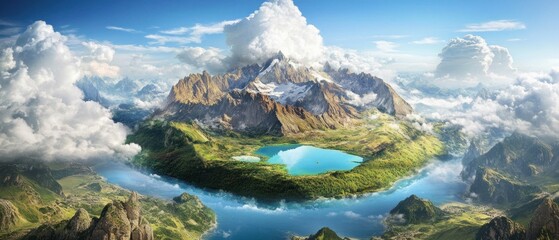 Obraz premium Majestic Mountain Peak with a Serene Lake in a Sea of Clouds