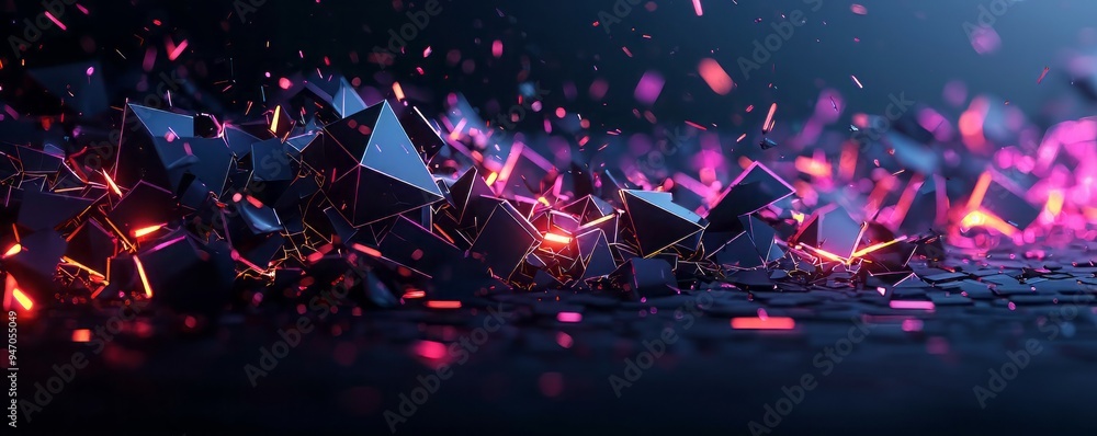 Poster a stunning abstract image with glowing geometric shapes, creating a vibrant atmosphere of innovation