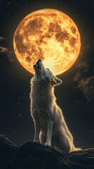 Fototapeta premium Wolf Howling on a Full Moon Night Starry Sky, Photo Realistic, Wallpaper, Cover and Screen for Smartphone, Cell Phone, PC, Laptop