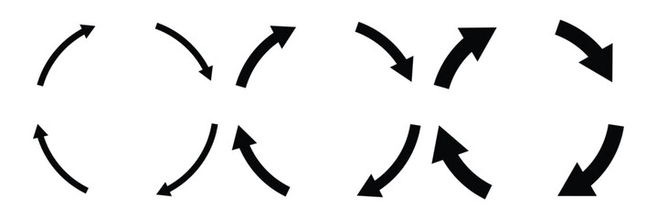 Circle arrow icon set. Round reload arrow sign,  loop rotation sign. Rotate arrow symbol. 