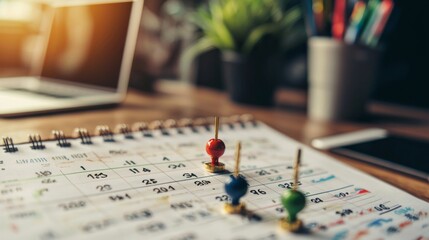 Strategic lifestyle in retirement, detailed shot of a calendar with luxury lifestyle events marked, financial papers nearby