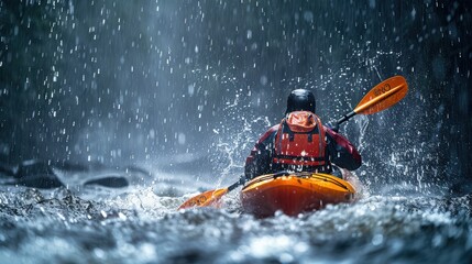 Fototapeta premium Kayaker paddling in the rain on wild river