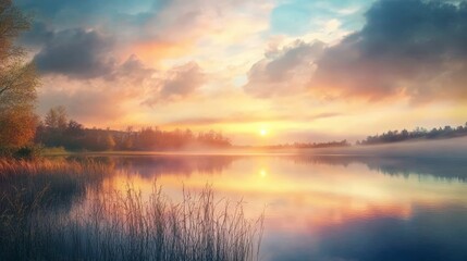 Fototapeta premium Serene lake landscape with vibrant sunrise, colorful sky, reflecting water, and peaceful natural scenery, ideal for calming backgrounds.