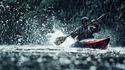 Naklejka premium Professional kayaker paddling in the rain on a wild river