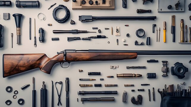A skilled gunsmith carefully assembles a rifle in a well-organized workshop, showcasing various tools and parts on a light solid color background