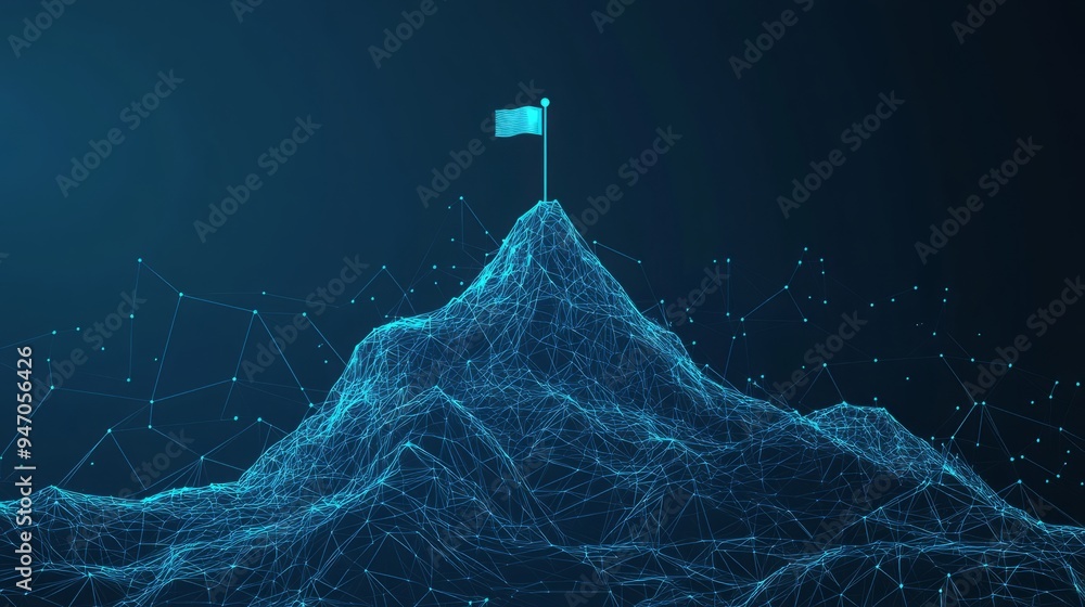 Poster abstract growth concept. the digital peak of a mountain with a flag on the top and arrows up. boosti