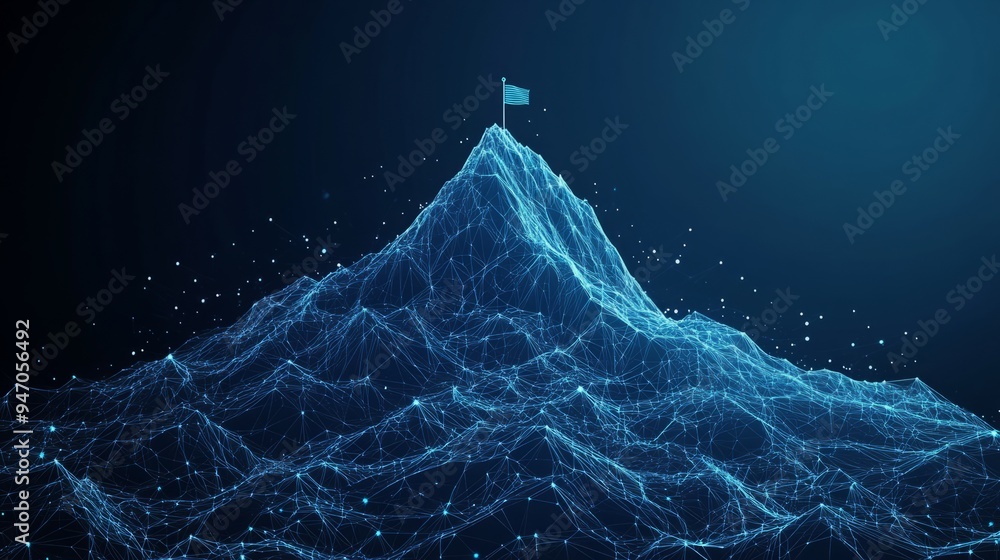 Poster abstract growth concept. the digital peak of a mountain with a flag on the top and arrows up. boosti