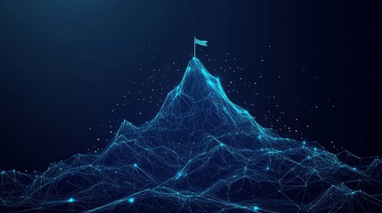 Naklejka premium Abstract growth concept. The digital peak of a mountain with a flag on the top and arrows up. Boosting of a career or great results of a business. Low poly wireframe vector illustration. 