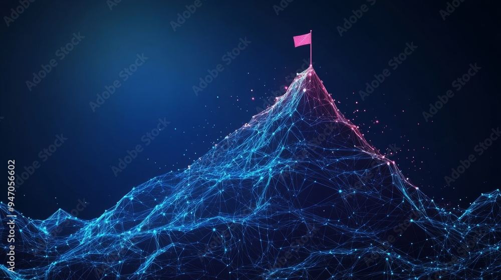 Poster abstract growth concept. the digital peak of a mountain with a flag on the top and arrows up. boosti