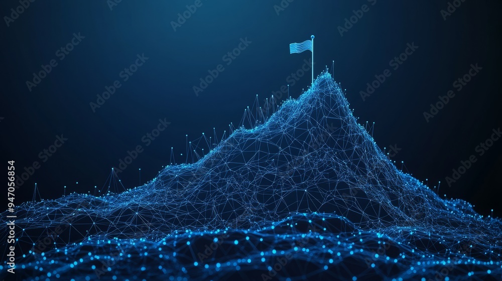 Poster abstract growth concept. the digital peak of a mountain with a flag on the top and arrows up. boosti