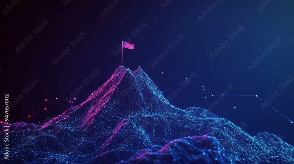 Aufkleber abstract growth concept. the digital peak of a mountain with a flag on the top and arrows up. boosti