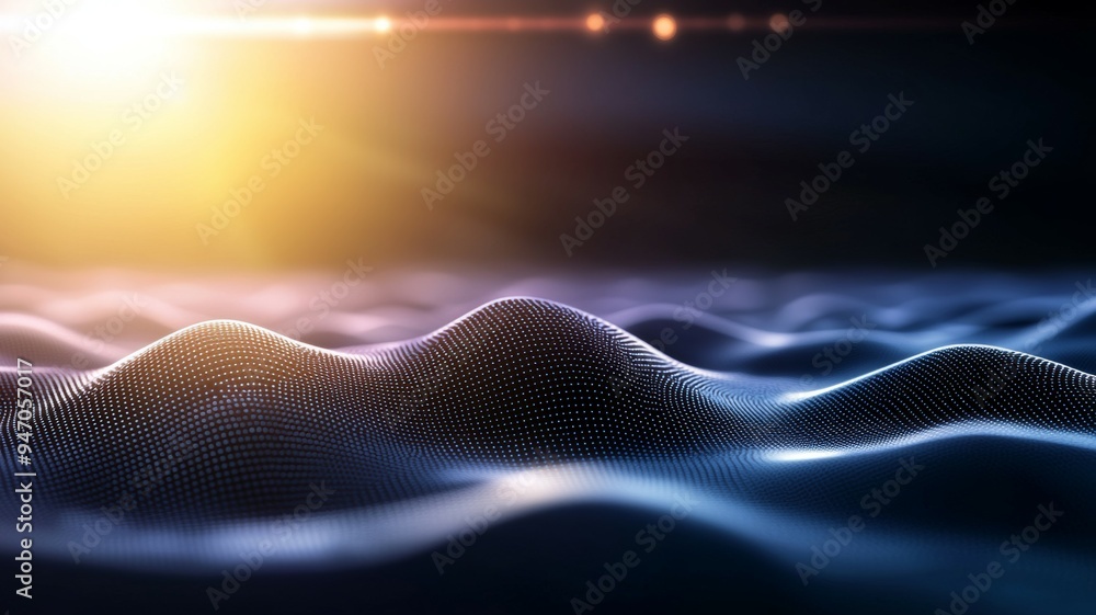 Poster a computer generated image of a wave with a sun in the background