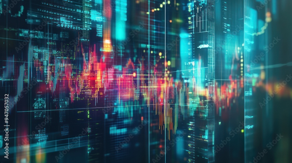 Poster abstract digital data visualization with glowing lines and numbers