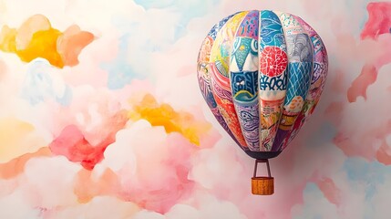 A vibrant hot air balloon filled with various patterns ascending against a light pastel background, showcasing its unique design