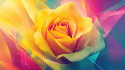 Abstract yellow rose with neon geometric lines and a mix of vibrant colors, creating a captivating vector illustration background