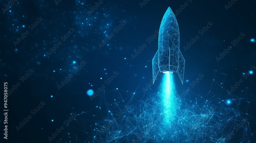 Poster abstract growth graph chart with launch rocket on technology blue background. startup and success bu